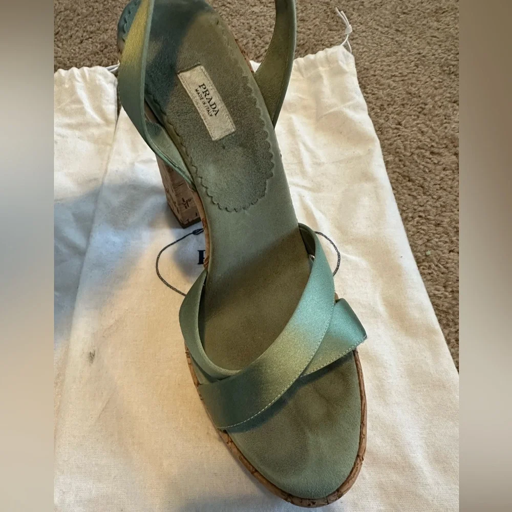 Prada Vintage 2004 Sage Satin Cork Platform Heels - Picture 4 of 5